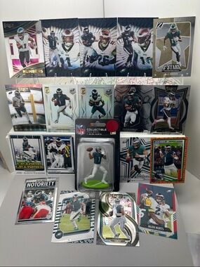Eagles Jalen Hurts/Saquon Barkley/AJ Brown 18 card lot w/ Hurts Mini Figure